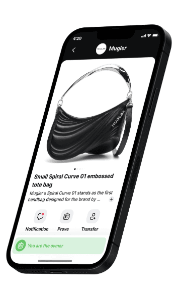 Mugler — Digital passport of the Spiral Curve bag on mobile with owner services