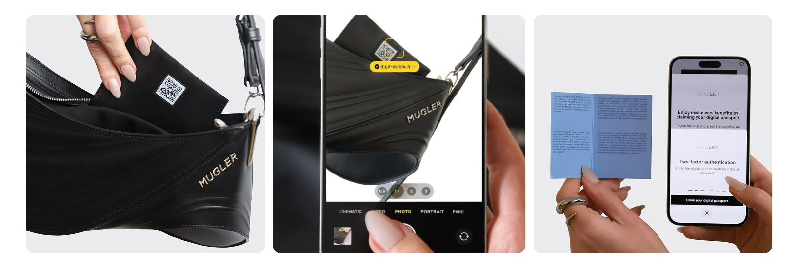 Interface du Digital Product Passport Mugler — Parcours utilisateur
